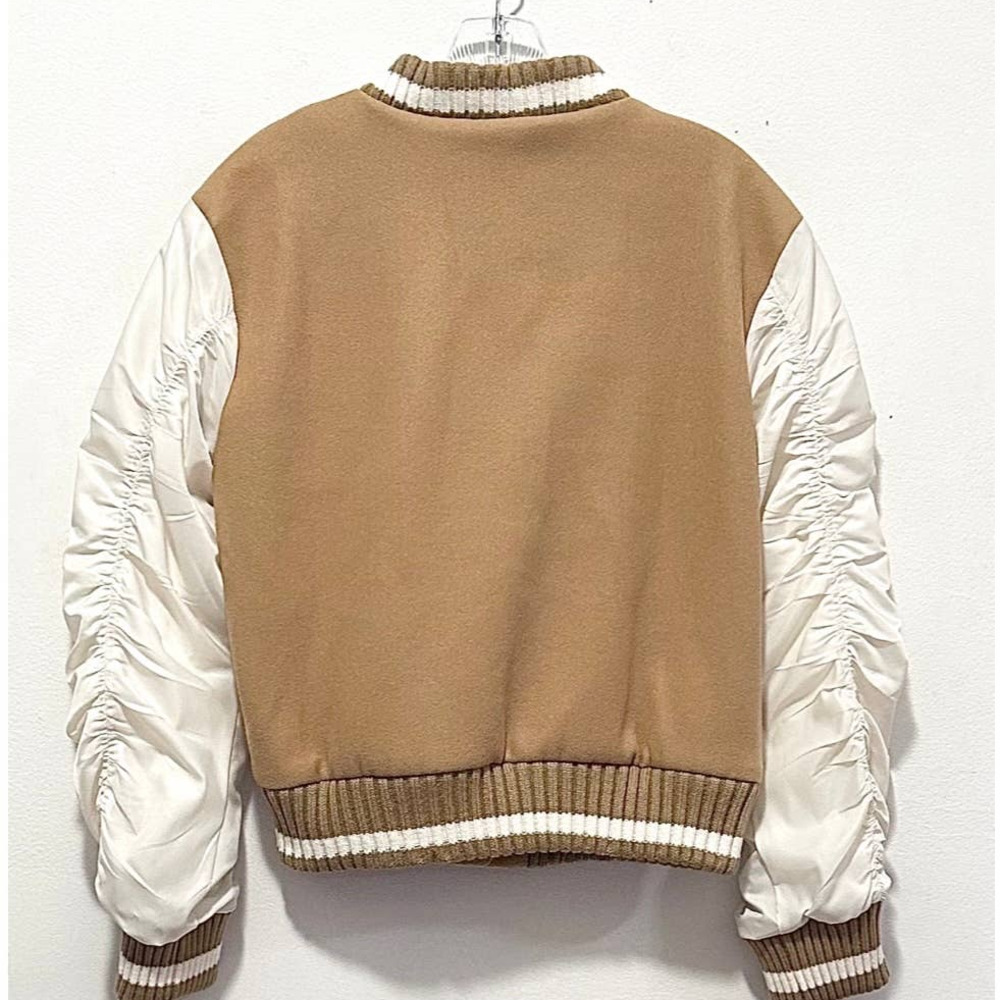 NWT: DOLAN LEFT COAST - Varsity Bomber Jacket In Camel with Ruched Sleeves - M - Picture 2 of 3